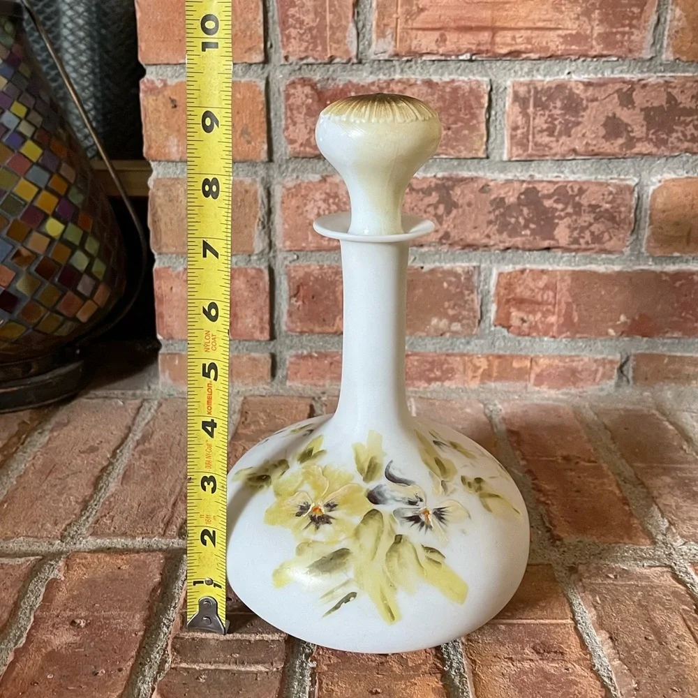 Vintage White Opaque Glass Decanter Boudoir Bottle Hand Painted Flowers